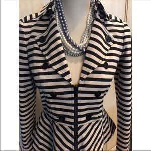 WHBM Black and Tan Striped Peplum Zippered Blazer
